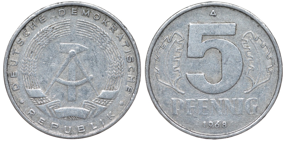 ГДР 5 пфеннигов 1968 A KM 9.1 алюминий 62-133