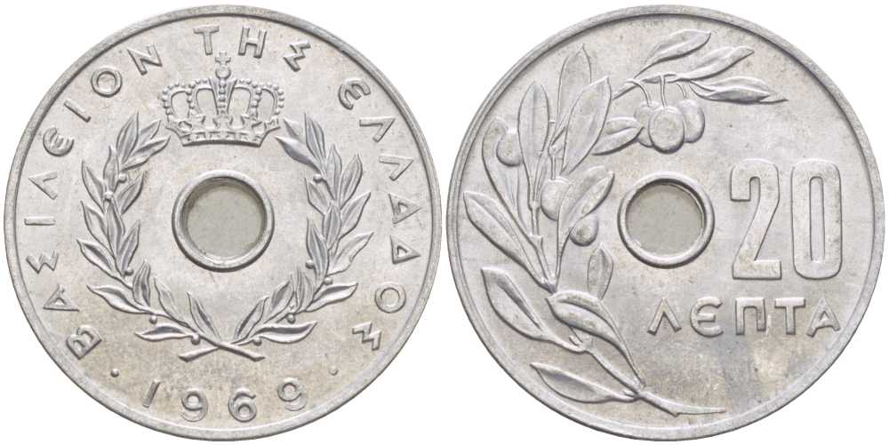 Греция 20 лепта 1969 Константин II (1964-1974), оливковая ветвь KM 79 алюминий UNC 28-946