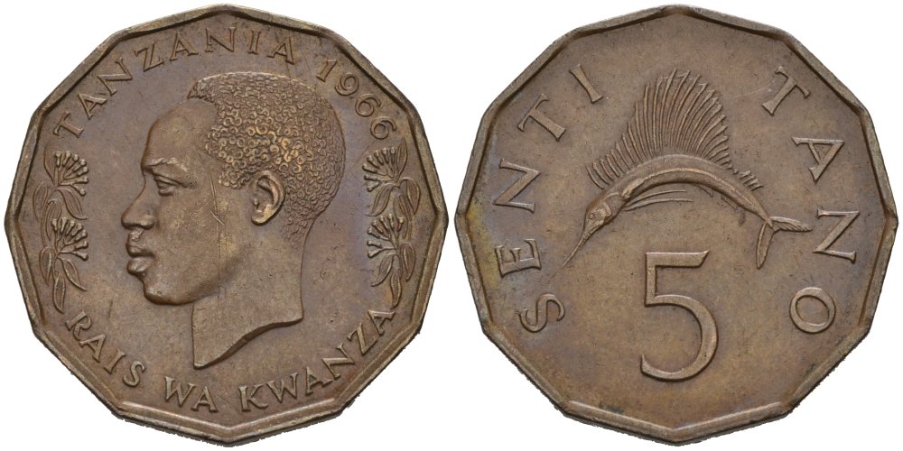 Танзания 5 центов 1966 KM 1 бронза 4579-127