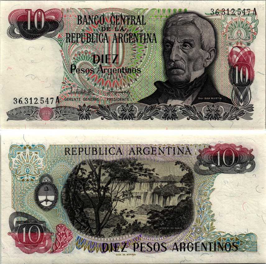 АРГЕНТИНА 10 ПЕСО 1983 СЕРИЯ А 36312, ГЕНЕРАЛ САН МАРТИ Pick 313а, Bottero 2611 бумага UNC (ПРЕСС) 6352-20-3-2