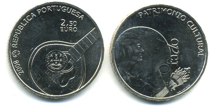 Португалия 2 1/2 евро 2008 серия культурное наследие Европы, певица Амалия Родригес, гитара фаду с гербом Португалии KM 783 медно-никель UNC 83-114