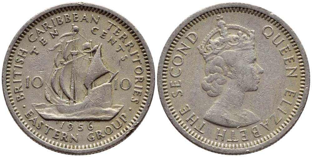 Британские Восточно-Карибские территории 10 центов 1956 Елизавета II (1952-2022), парусник KM 5 медно-никель 4387-339