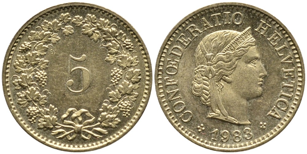 Швейцария 5 раппенов 1983 KM 26c алюминиевая бронза 4528-653