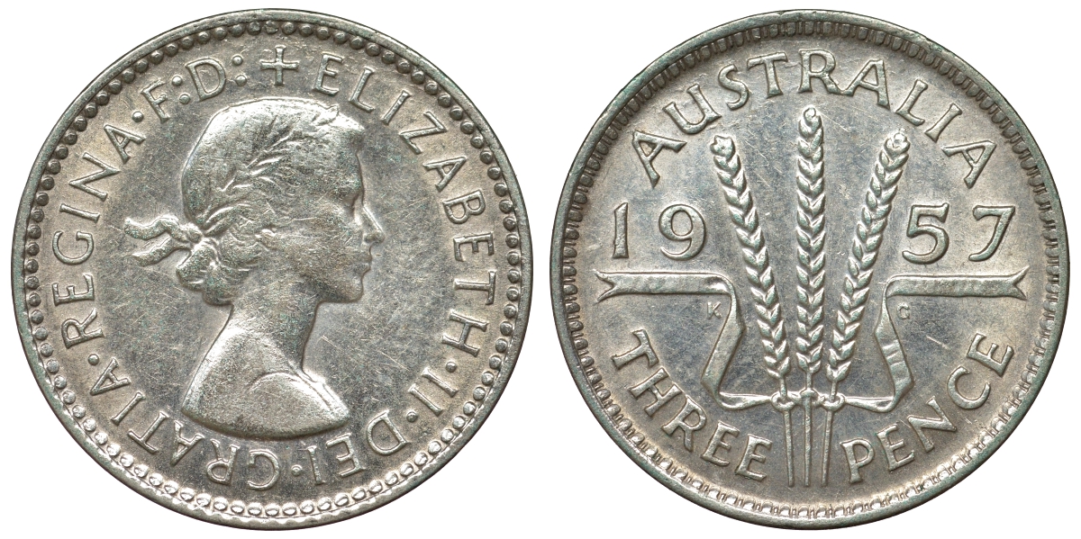 Австралия 3 пенса 1957 m, Елизавета II (1953-) KM 57 серебро 71-532