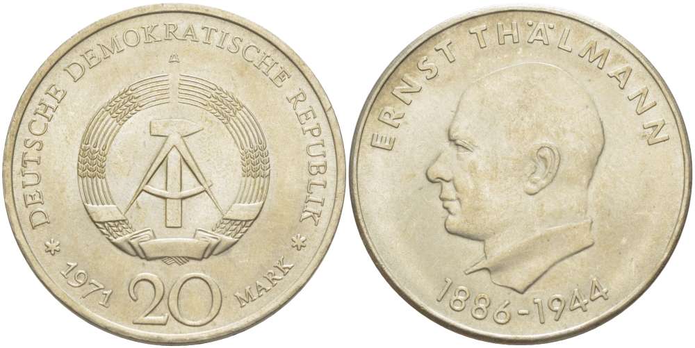 ГДР 20 марок 1971 A, 85 лет со дня рождения Эрнста Тельмана KM 34, J. 1535 медно-никель 4521-342