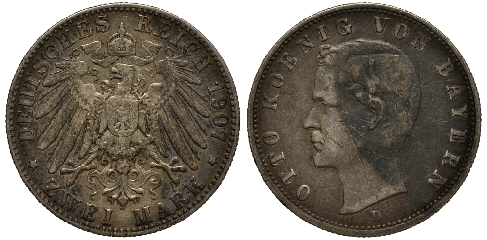 Бавария 2 марки 1907 Отто (1886-1913) Weege 44, J. 45, KM 511 серебро 3711-1833