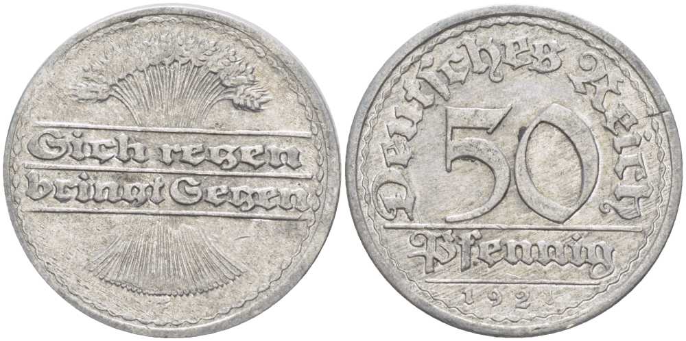 ГЕРМАНИЯ 50 ПФЕННИГОВ 1921 G KM 27, J. 301, Weege 10 алюминий 261-743
