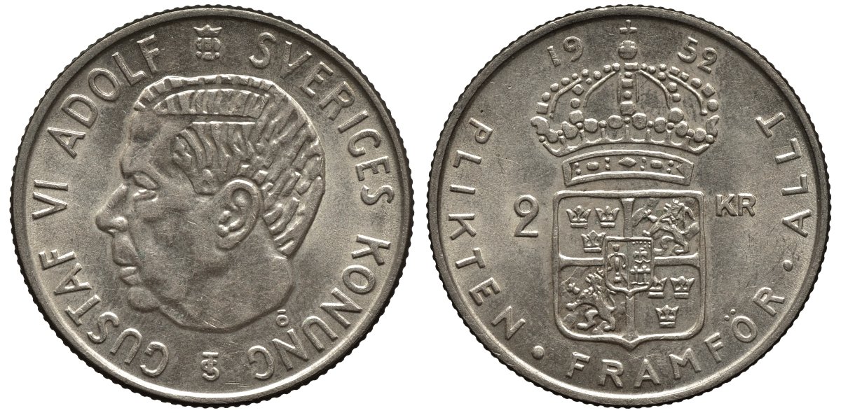 Швеция 2 кроны 1952 TS, Густав VI Адольф (1950-1973) KM 827 серебро 00-00