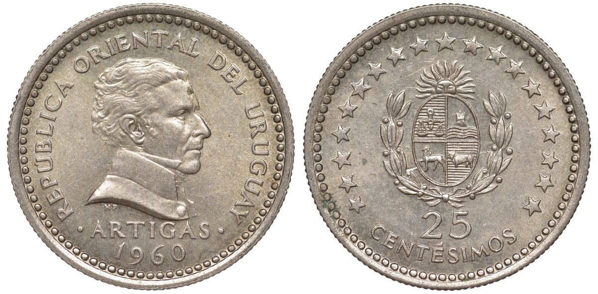 Уругвай 25 сентесимо 1960 KM 40 медно-никель 4580-836