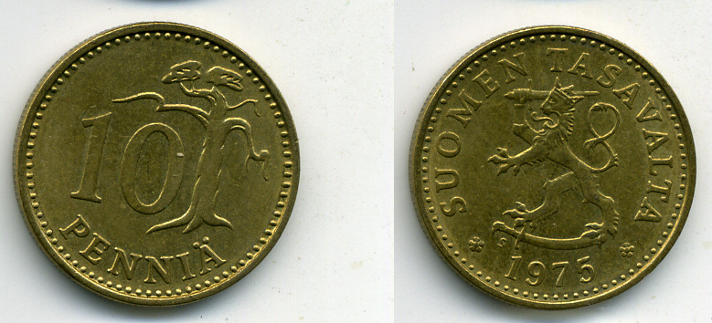 ФИНЛЯНДИЯ 10 ПЕНИИ 1975 KM 46 алюминиевая бронза 61-1232