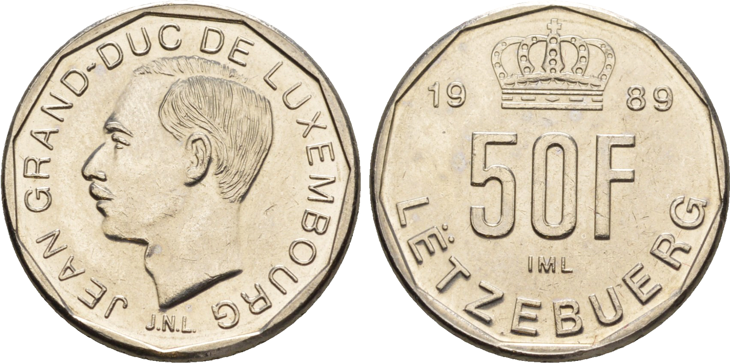 Люксембург 50 франков 1989 Великий герцог Жан (1964-2000) KM 66 никель  UNC  4635-1156