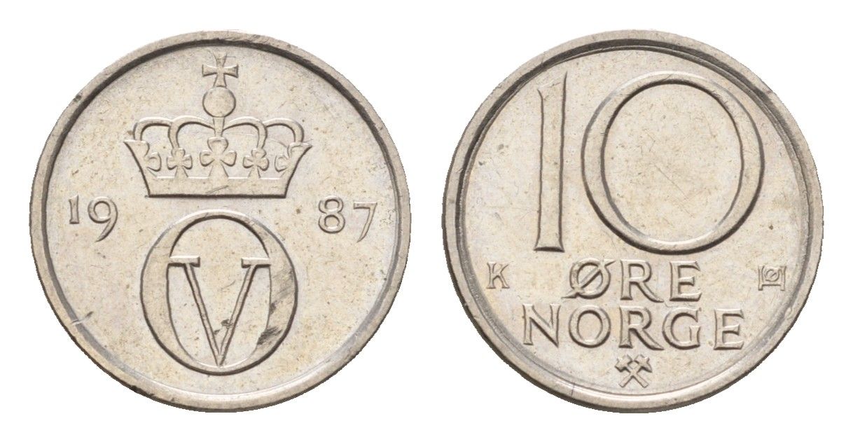 Норвегия 10 эре 1987 Улаф V (1957-1991) KM 416 медно-никель UNC 4684-731