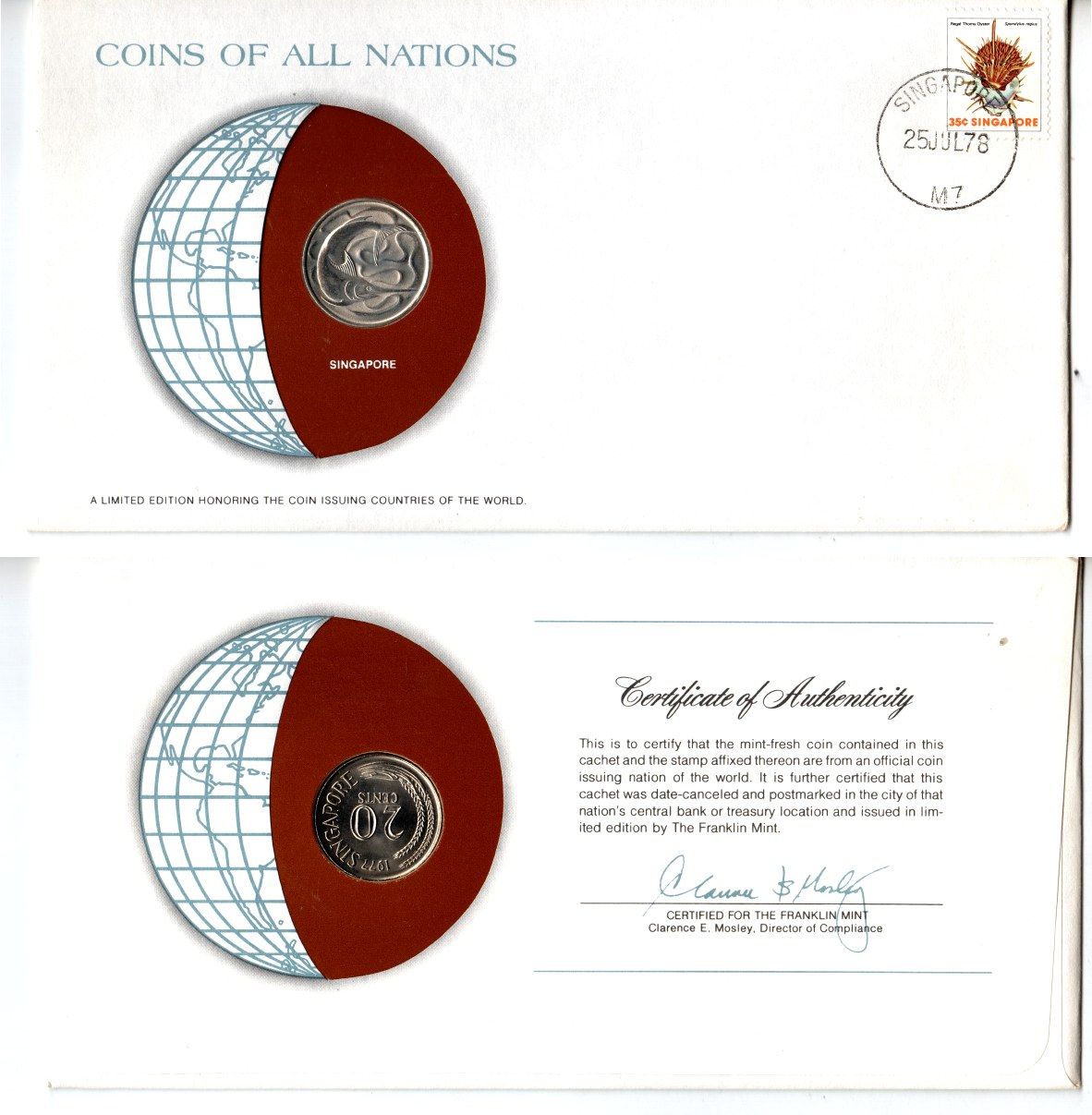 Сингапур 20 центов 1977 конверт с маркой первого дня гашения, Coins of Nations KM 4 медно-никель UNC 4294-37-3