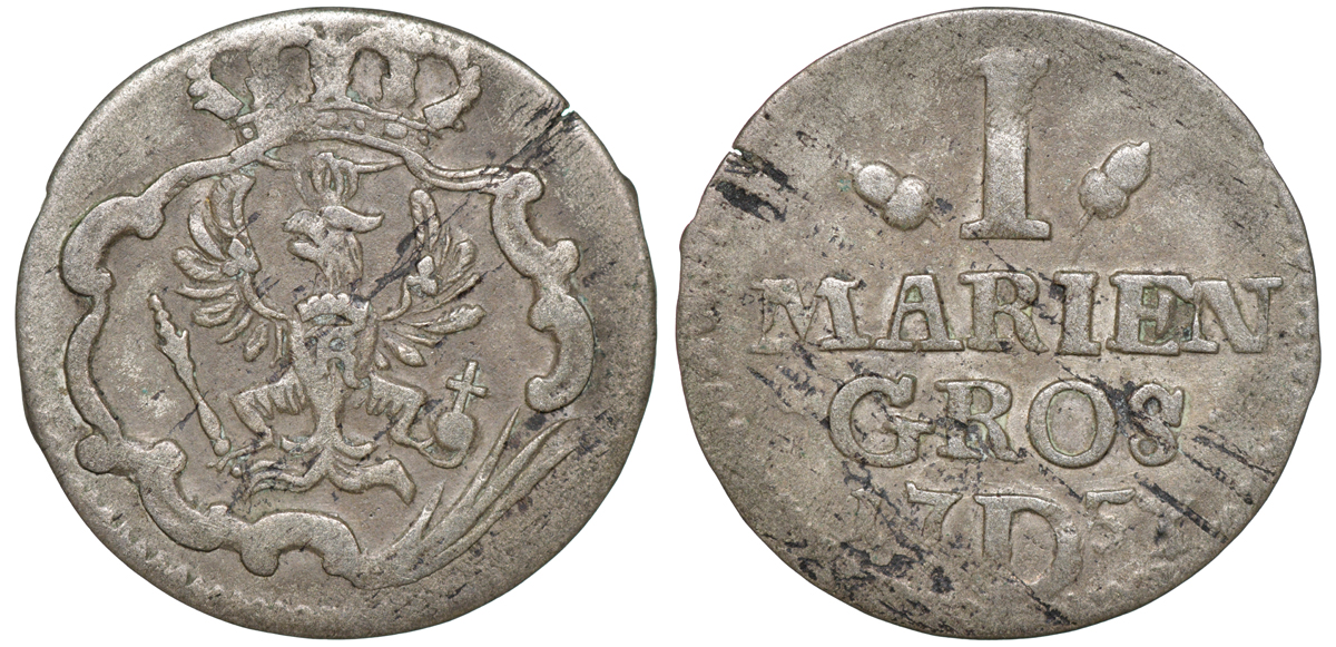 Бранденбург-Пруссия 1 мариенгрошен 1753 D, Фридрих II Великий (1740-1786) KM 215, Olding 256 b серебро 1531-1042