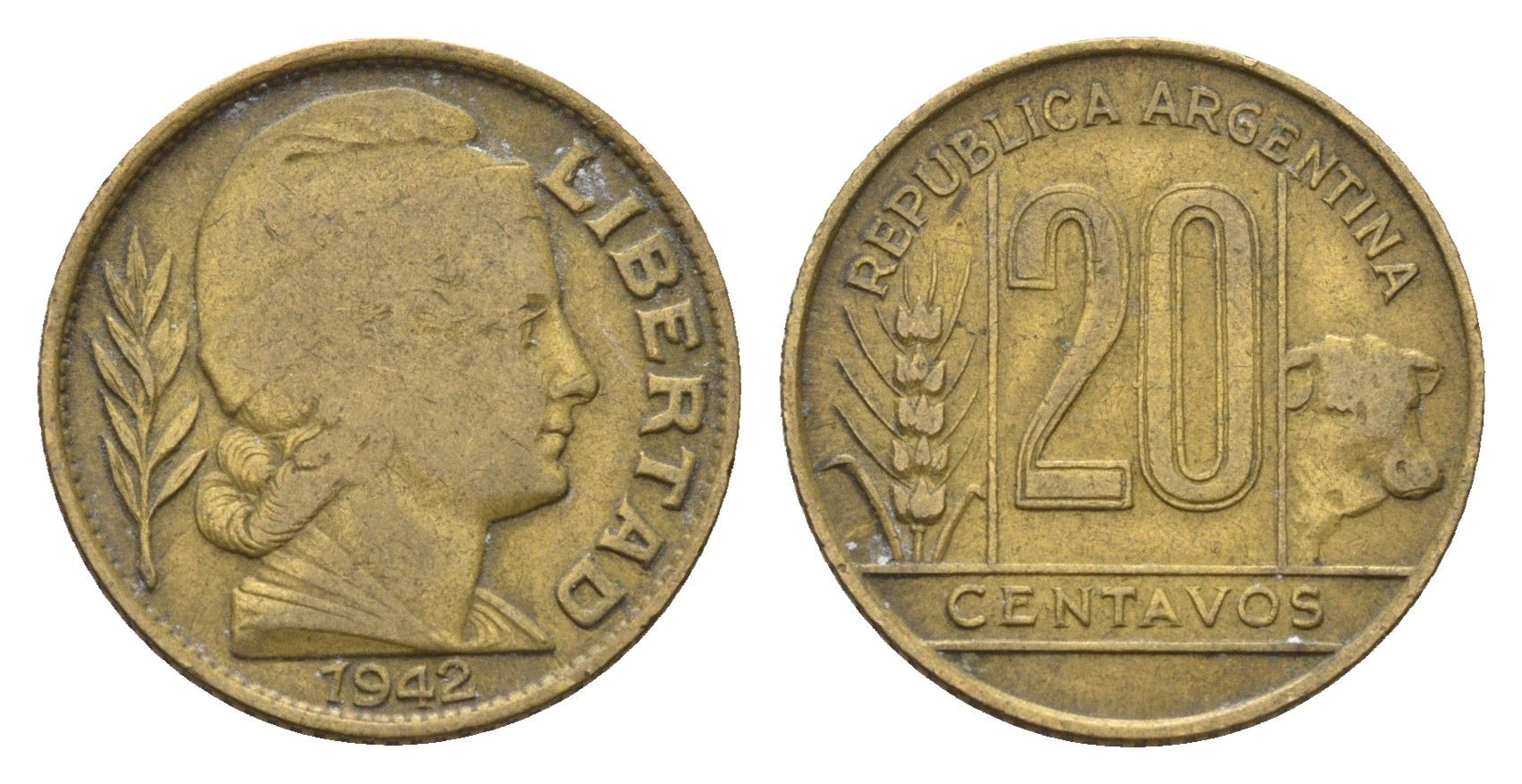 Аргентина 20 сентаво 1942 самый редкий год тиража - 2.130.000 KM 42 алюминиевая бронза 4674-1017