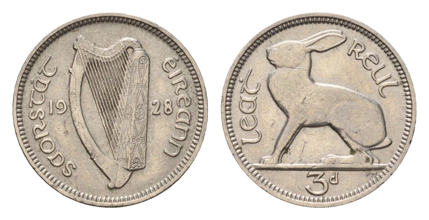Ирландия 3 пенса 1928 заяц KM 4 никель 4690-313