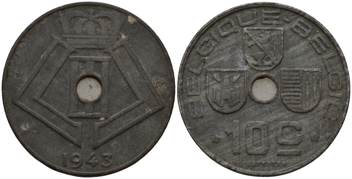 Бельгия 10 сантимов 1943 Belgique - Belgie, Леопольд III (1934-1947), германская оккупация, Вторая мировая война KM 125 цинк 4161-325