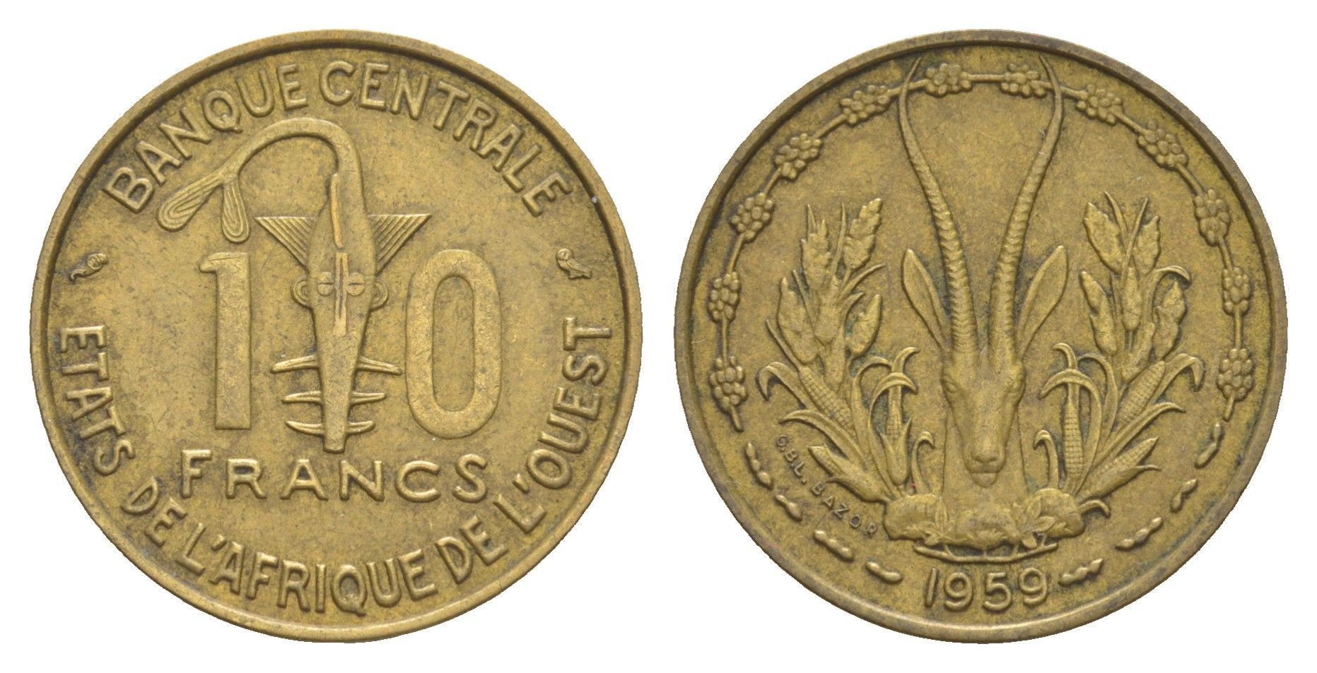 Западная Африка (BCEAO) 10 франков 1959 Центральный банк государств Западной Африки KM 1 медь алюминий 4642-225