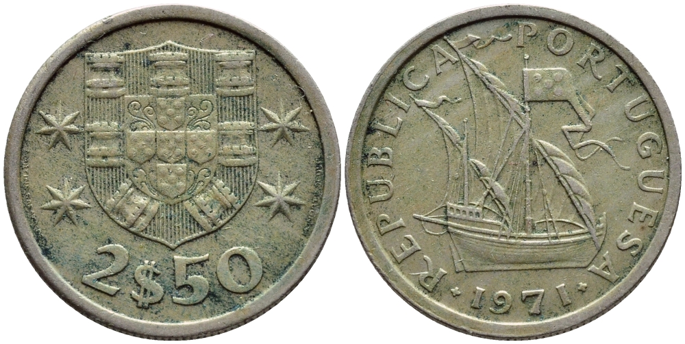ПОРТУГАЛИЯ 2,5 ЭСКУДО 1971 ПАРУСНИК KM 590 медно-никель 4396-143