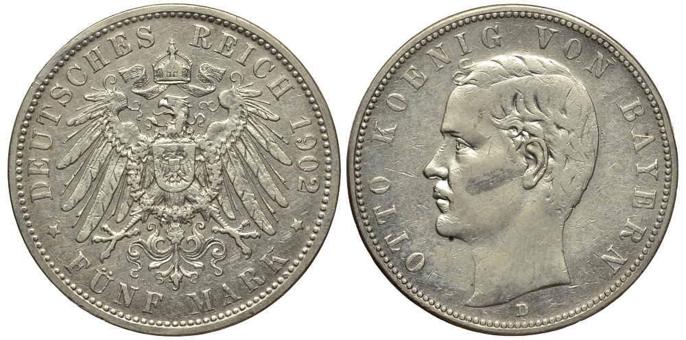 Бавария 5 марок 1902 D, Отто (1886-1913) Weege 47, J. 46, KM 512 серебро 413-4014