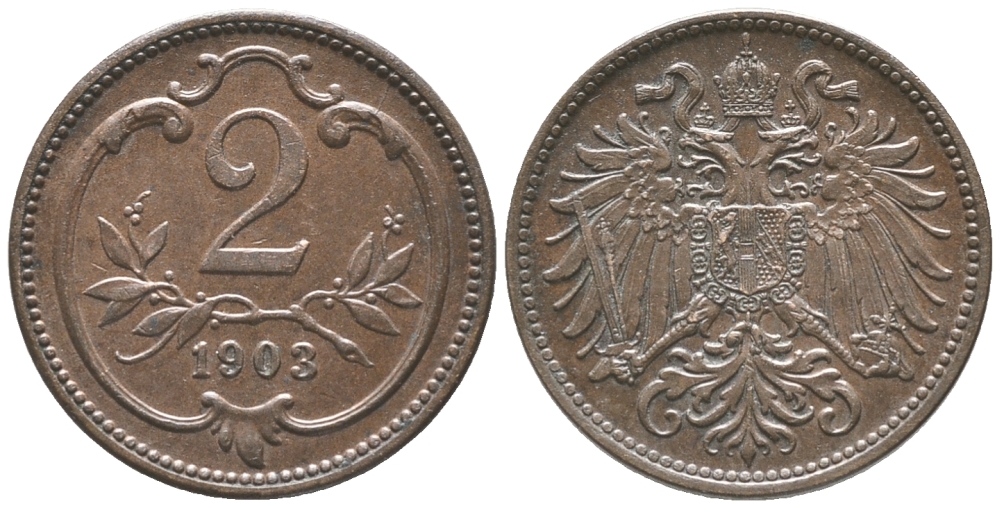 АВСТРИЯ 2 ГЕЛЛЕРА 1903 ФРАНЦ ИОСИФ (1846-1918) KM 2801 бронза 100-944