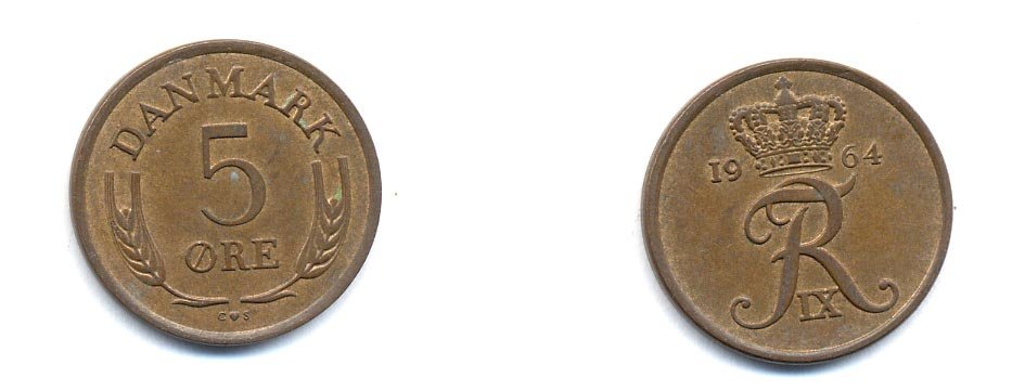 ДАНИЯ 5 ЭРЕ 1964 C; S, ФРЕДЕРИК IX (1947-1972) KM 848.1 бронза 4379-1015