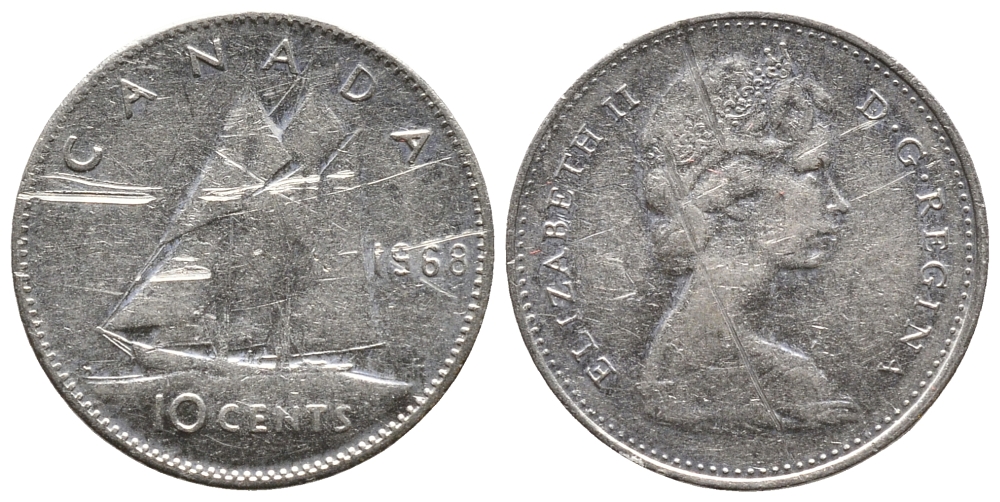 КАНАДА 10 ЦЕНТОВ 1968 ЕЛИЗАВЕТА II, ПАРУСНИК KM 73 никель 73-1723