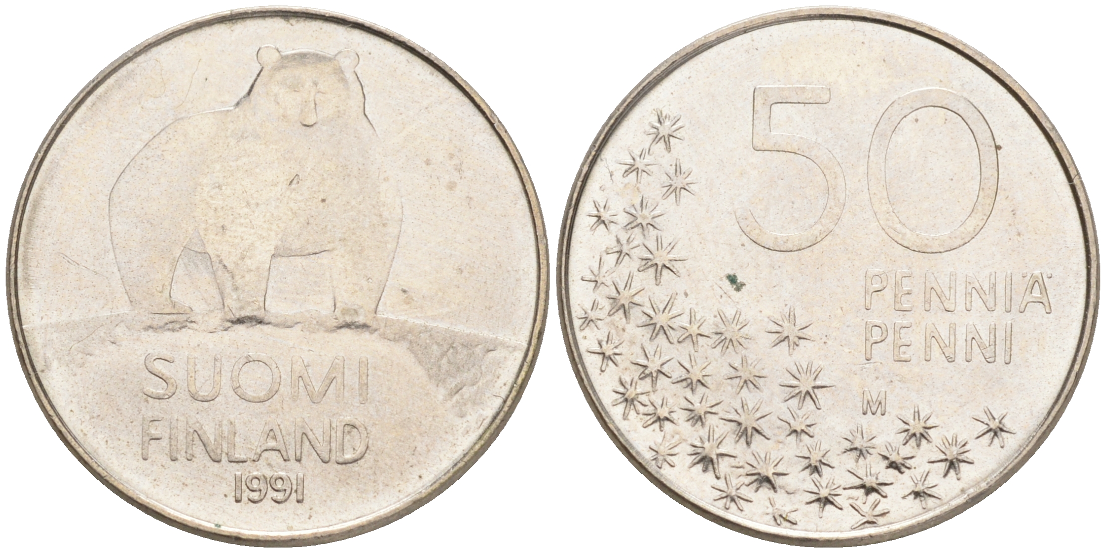 Финляндия 50 пенни 1991 M, полярный медведь KM 66 медно-никель 4528-665