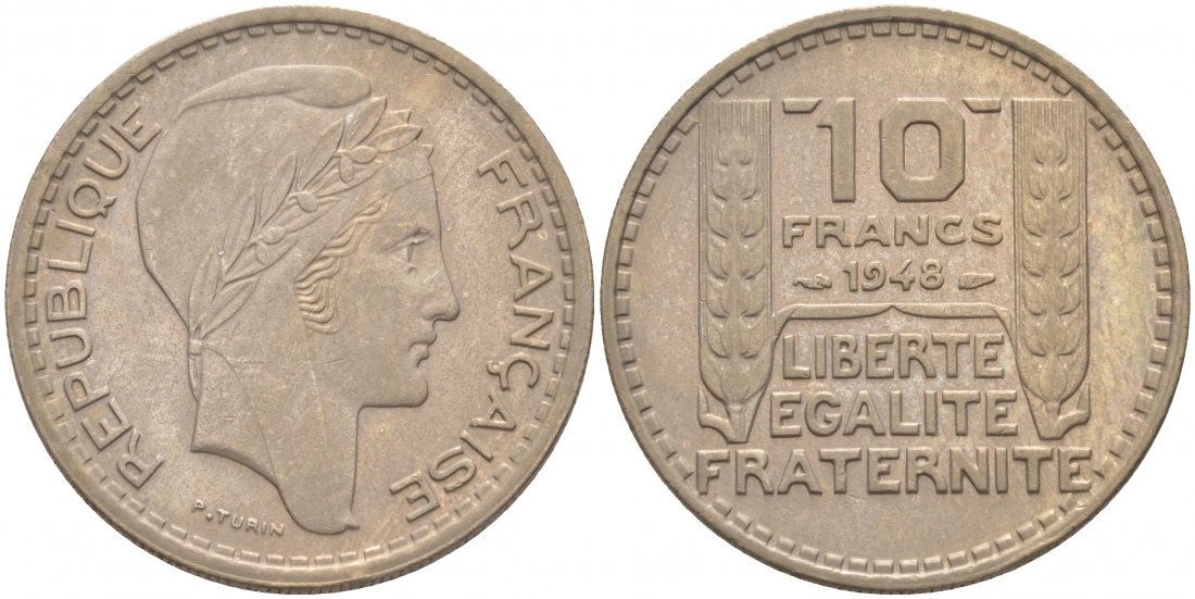 Франция 10 франков 1948 тип Пьер Турин KM 909.1, Le Franc 362.3 медно-никель 186-352