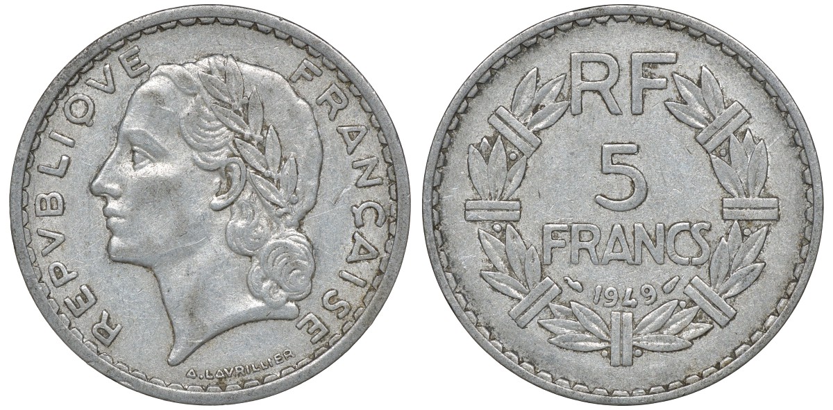Франция 5 франков 1949 KM 888b.1, Le Franc 339.17 алюминий 4162-232