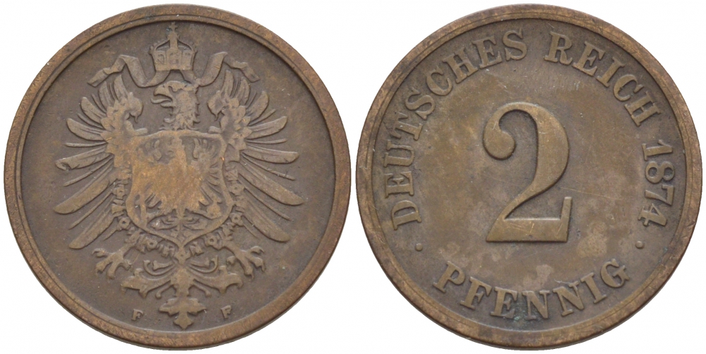 ГЕРМАНИЯ 2 ПФЕННИГА 1874 F, СТАРОГЕРБОВКА KM 2, J.2 медь 110-231