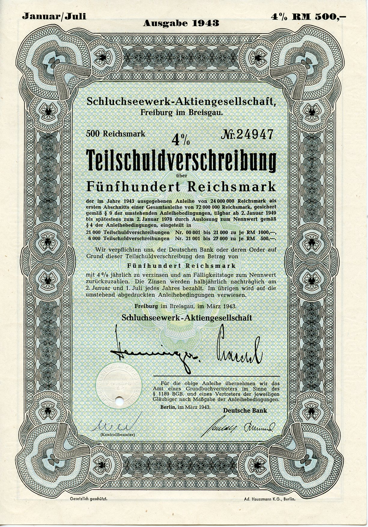 Германия 500 рейхсмарок 1943 АО Schluchseewerk (оператор 5 ГЭС), Фрайбург-им-Брайсгау, 4% -ное частичное обязательство   бумага 8804-102-1