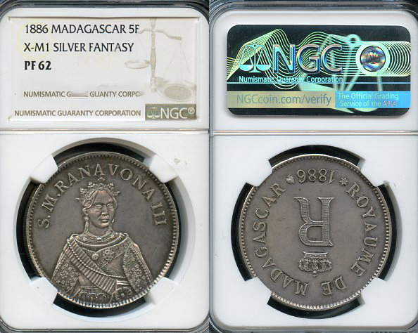 Мадагаскар 5 франков 1886 Ranavona III, пробный выпуск, в слабе NGC PF 62 Dav. 515, Lecompte 24 серебро  PROOF  15-011-07