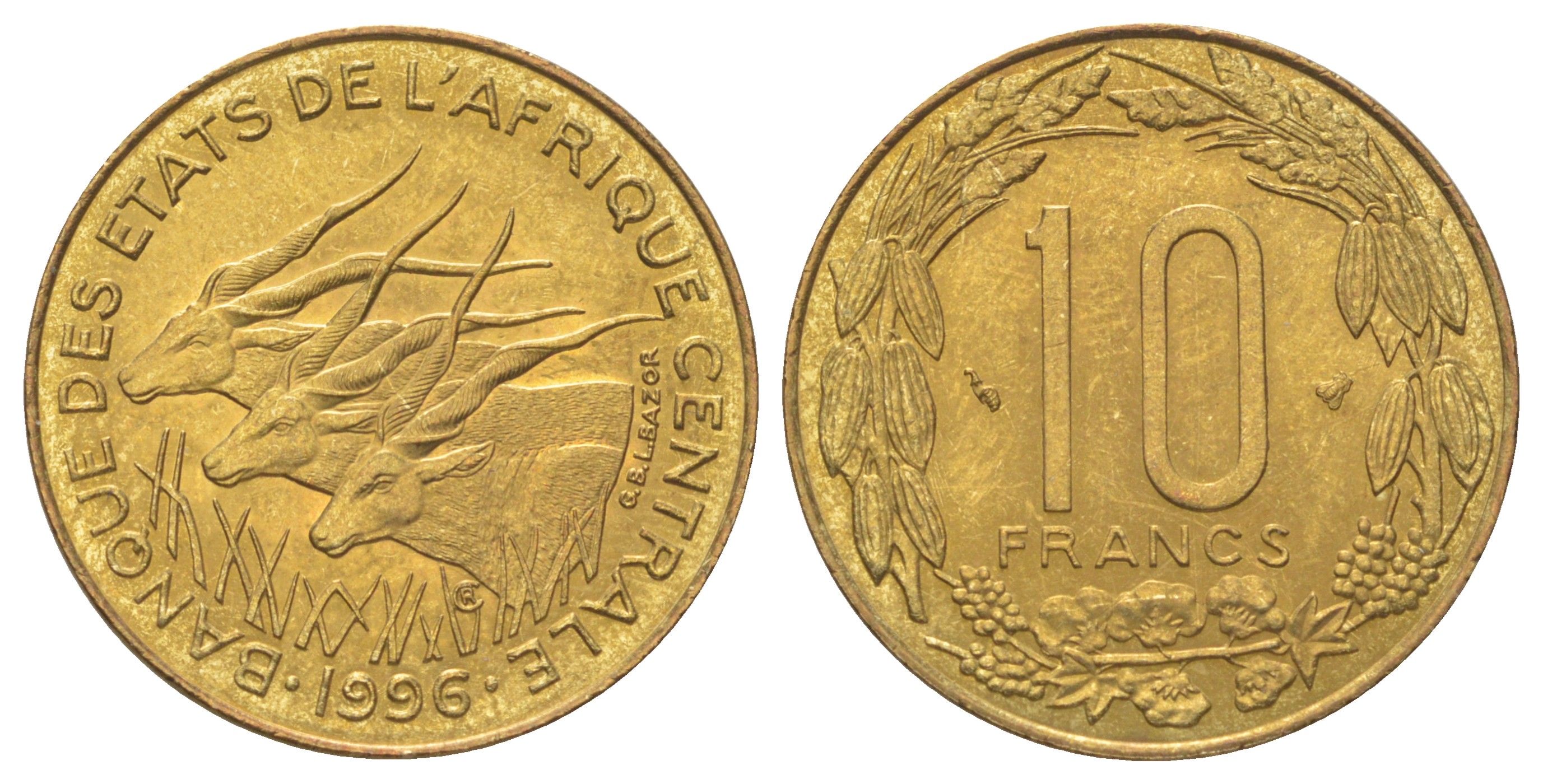 Центральная Африка (BEAC) 10 франков 1996 KM 9 медь алюминий никель UNC 4616-316