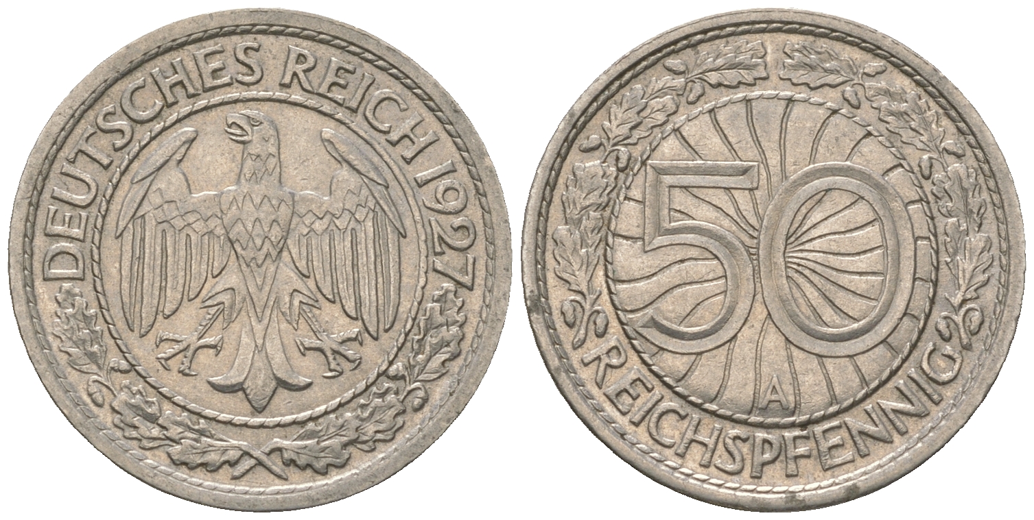 Германия 50 рейхспфеннигов 1927 A KM 49, J. 324 никель 46-953