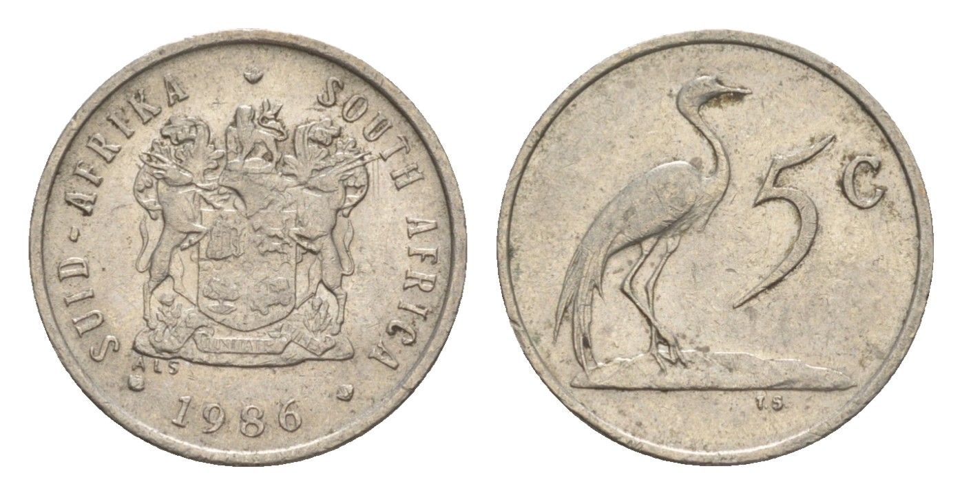 ЮАР 5 центов 1986 герб, райский журавль KM 84 никель 4621-253
