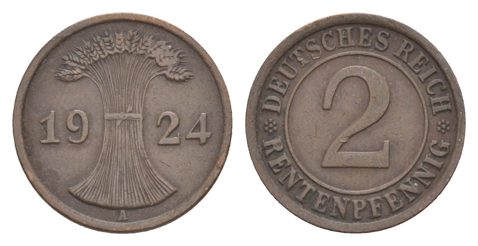 Германия 2 рентенпфеннига 1924 A KM 31, J.307, Weege 3 медь 4639-1233
