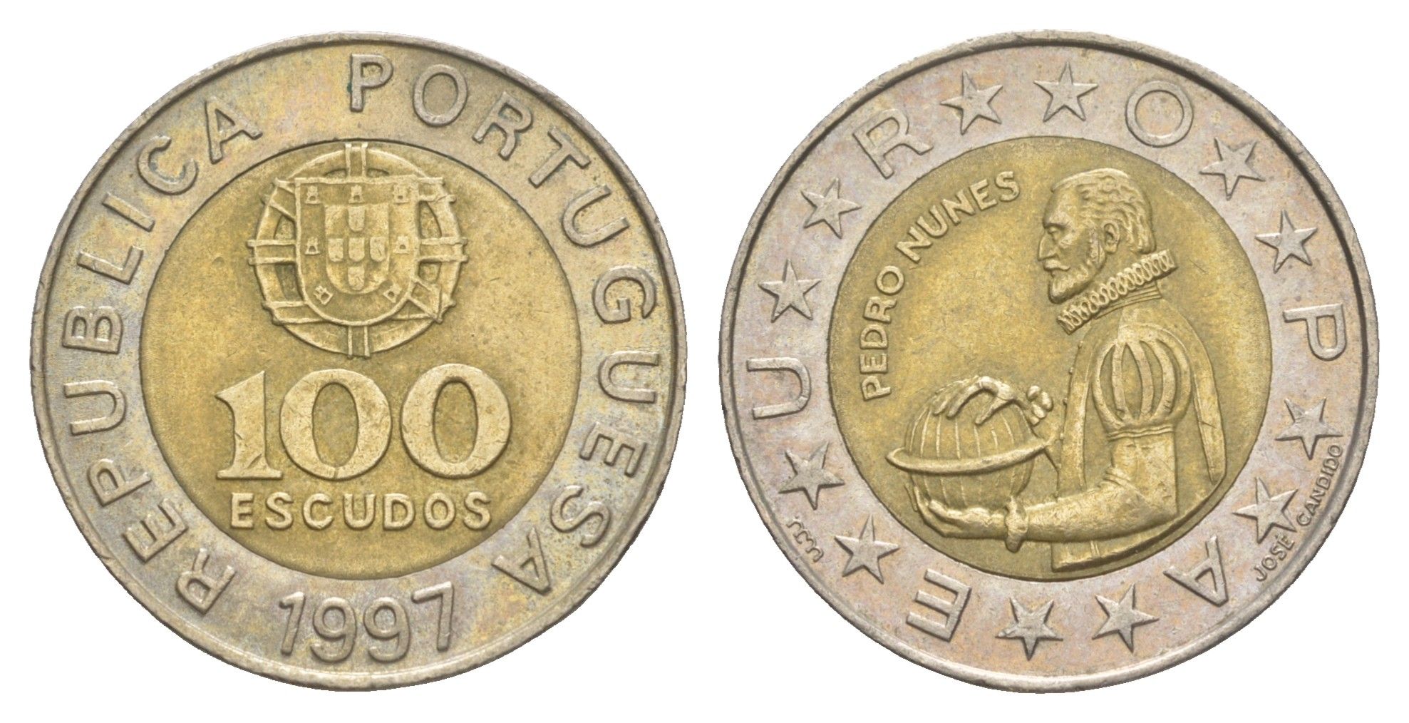 Португалия 100 эскудо 1997 Педру Нуниш (1502-1578), математик KM 645 биметалл 4519-341