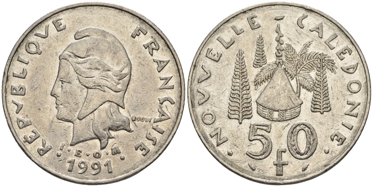 Французская Новая Каледония 50 франков 1991 хижина среди сосен и пальм, (IEOM) KM 13, Schoen 15, Lec 121 никель 4123-126