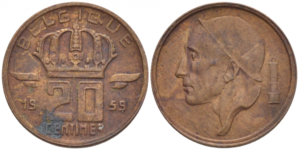 БЕЛЬГИЯ 20 САНТИМОВ 1959 BELGIQUE KM 146 бронза 4532-114