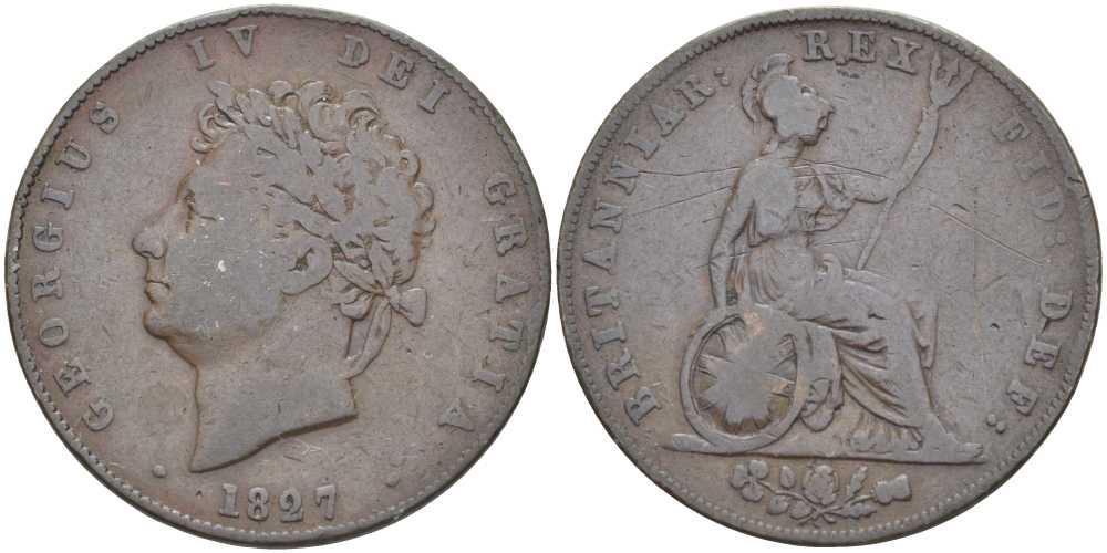 Великобритания 1/2 пенни 1827 Георг IV (1820-1830) KM 692, Spink 3824 медь 97-631