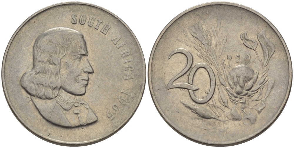ЮАР 20 ЦЕНТОВ 1965 SOUTH, ЯН ВАН РИБЕК (1619-1677), ГОЛАНДСКИЙ ИССЛЕДОВАТЕЛЬ , МОРЕПЛАВАТЕЛЬ, ОСНОВАТЕЛЬ Г. КЕЙПТАУНА, ЦВЕТОК ПРОТЕЯ, АНГЛИЙСКАЯ ЛЕГЕНДА KM 69.1 никель 67-431