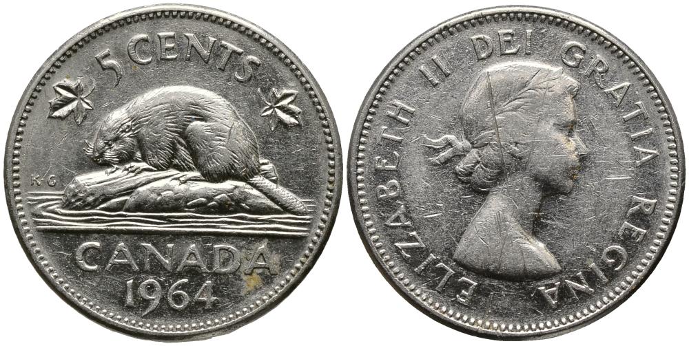 КАНАДА 5 ЦЕНТОВ 1964 БОБЁР, ЕЛИЗАВЕТА II (1952-) KM 57 никель 3336-235