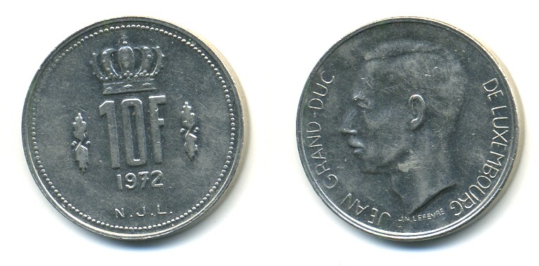 ЛЮКСЕМБУРГ 10 ФРАНКОВ 1972 KM 57 никель 4379-642