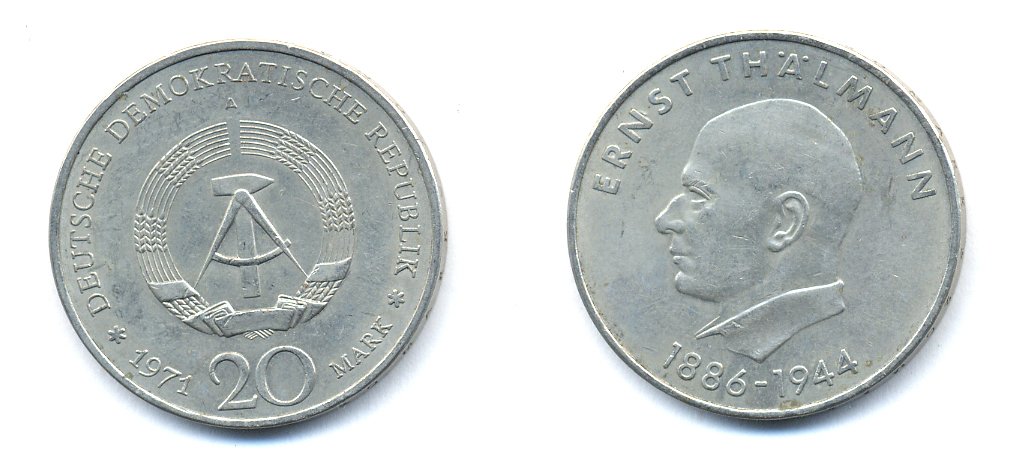 ГДР 20 марок 1971 A, 85 лет со дня рождения Эрнста Тельмана KM 34, J. 1535 медно-никель 3333-515