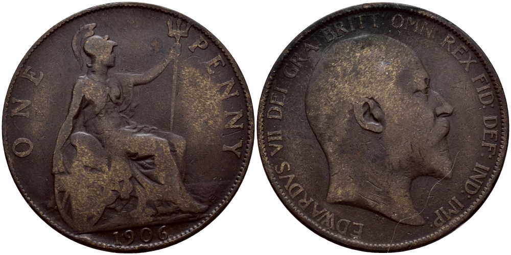 Великобритания 1 пенни 1906 Эдуард VII (1901-1910) KM 794.2, Spink 3990 бронза 540-431