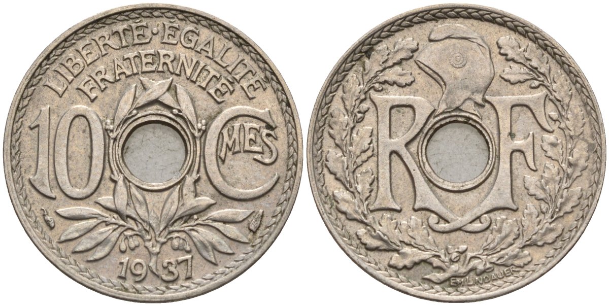 Франция 10 сантимов 1937 KM 866a, Le Franc 138.3 медно-никель 4143-1041