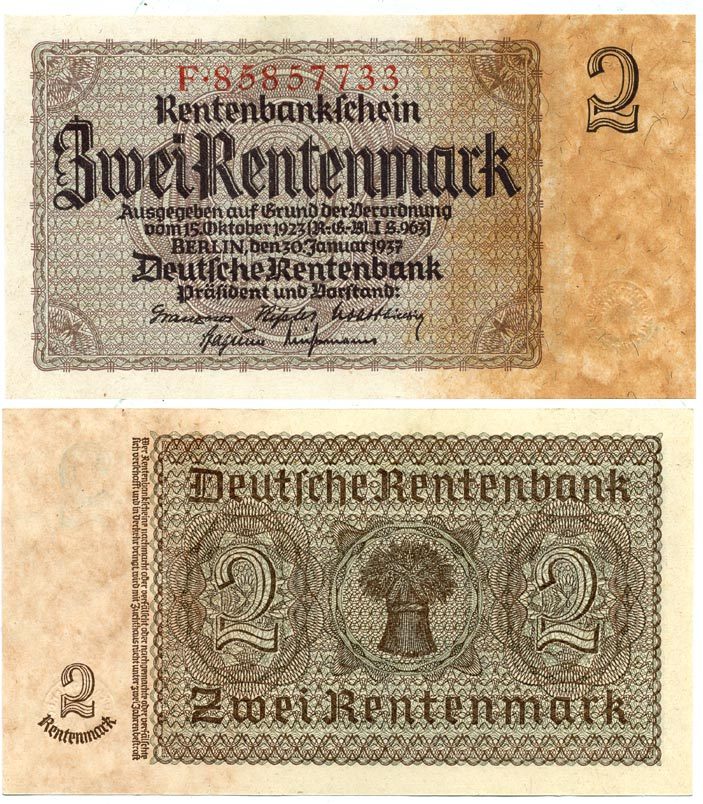 Германия 2 рентенмарки 1937 30 января 1937, восемь цифр в номере, серия  F Pick 174b, Rosenberg 167b бумага UNC (пресс) 000-00-00