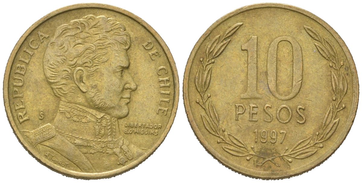 Чили 10 песо 1997 KM 228 никель латунь 4621-548