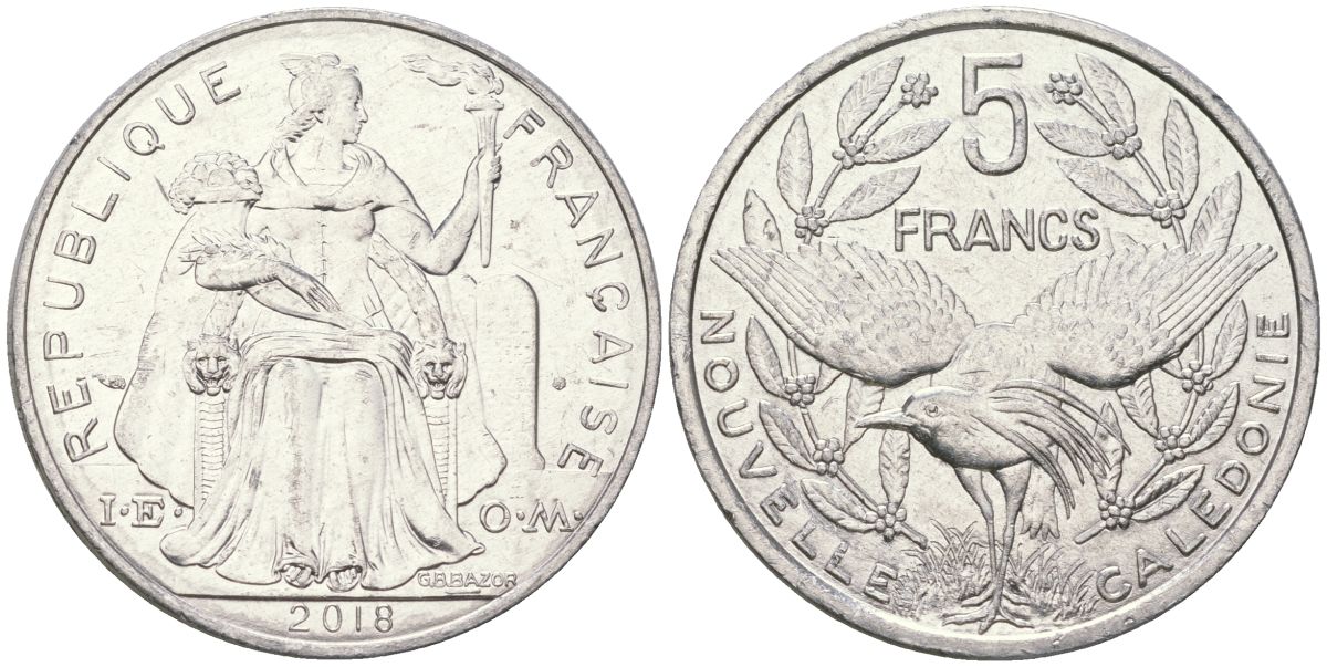 Французская Новая Каледония 5 франков 2018 птица кагу, (IEOM) KM 16, Schoen 12, Lec 81k алюминий 4120-136